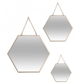 Set 3 espejos hexagonales ORO metal 29-24-20cm